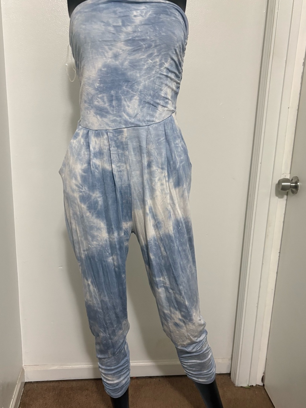 Strapless Tie-Dye Harem Jumpsuit in Light Blue